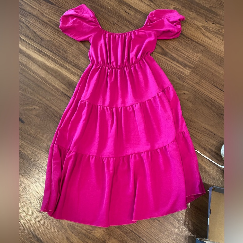 Hot pink midi tiered off the shoulder dress